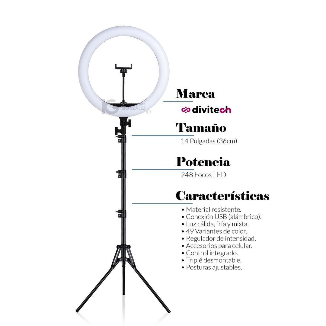 Aro De Luz Led Divitech De 14 Pulgadas RGB Con Tripie Ellaar-0010