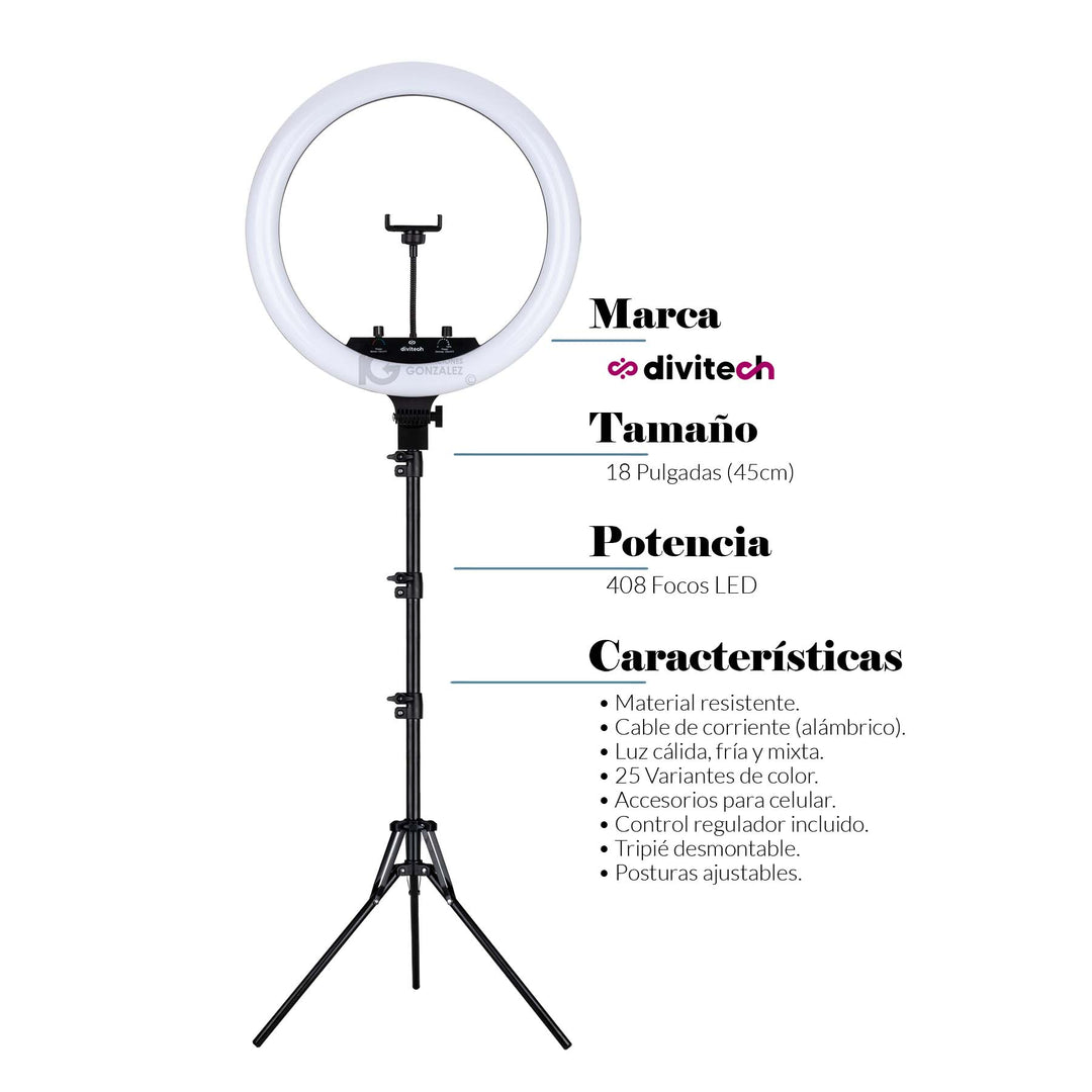 Aro De Luz Led Divitech Profesional De 18 Pulgadas RGB Con Maletín